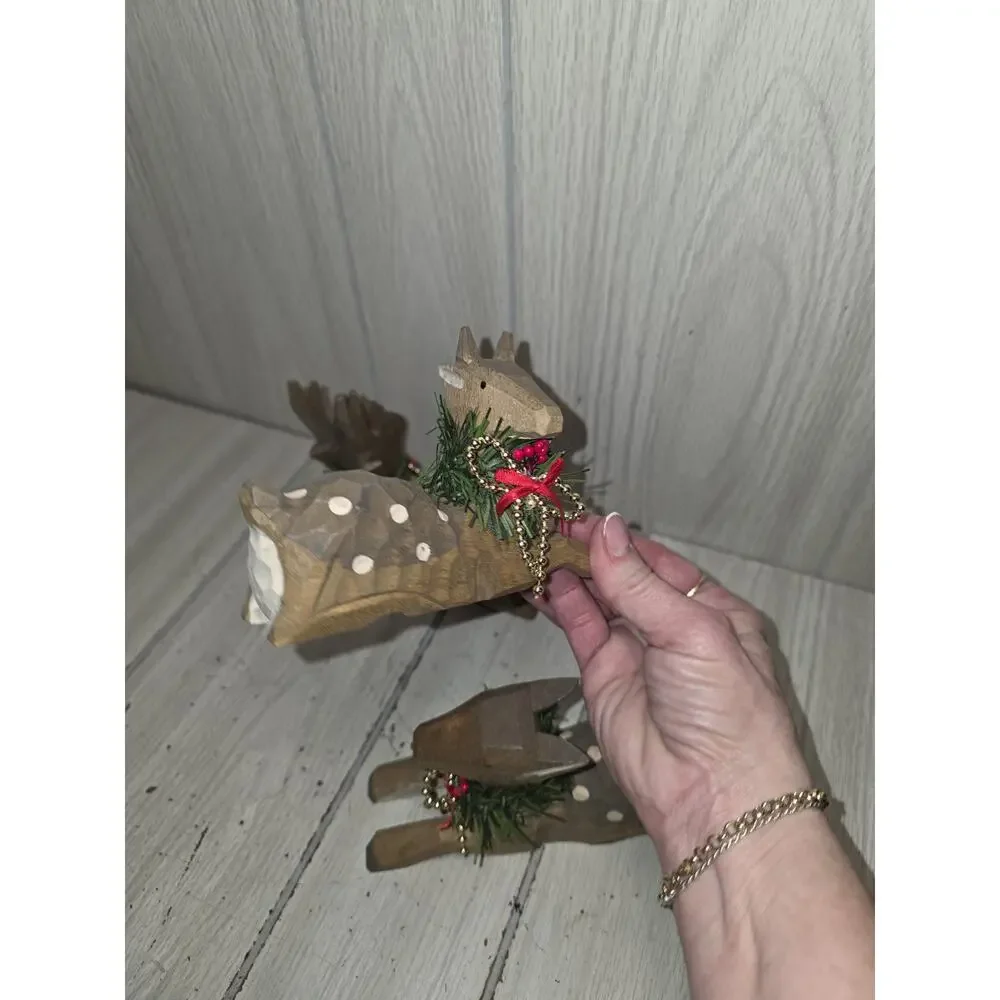 Wood Deer Family Buck Doe Fawn Wood Figures Christmas Decor Hand Carved Folk Art